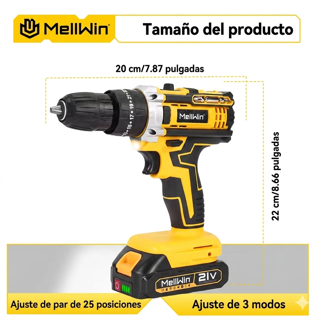 Taladro de Impacto Inalámbrico 3-en-1 - Mellwin™ Pro 21V